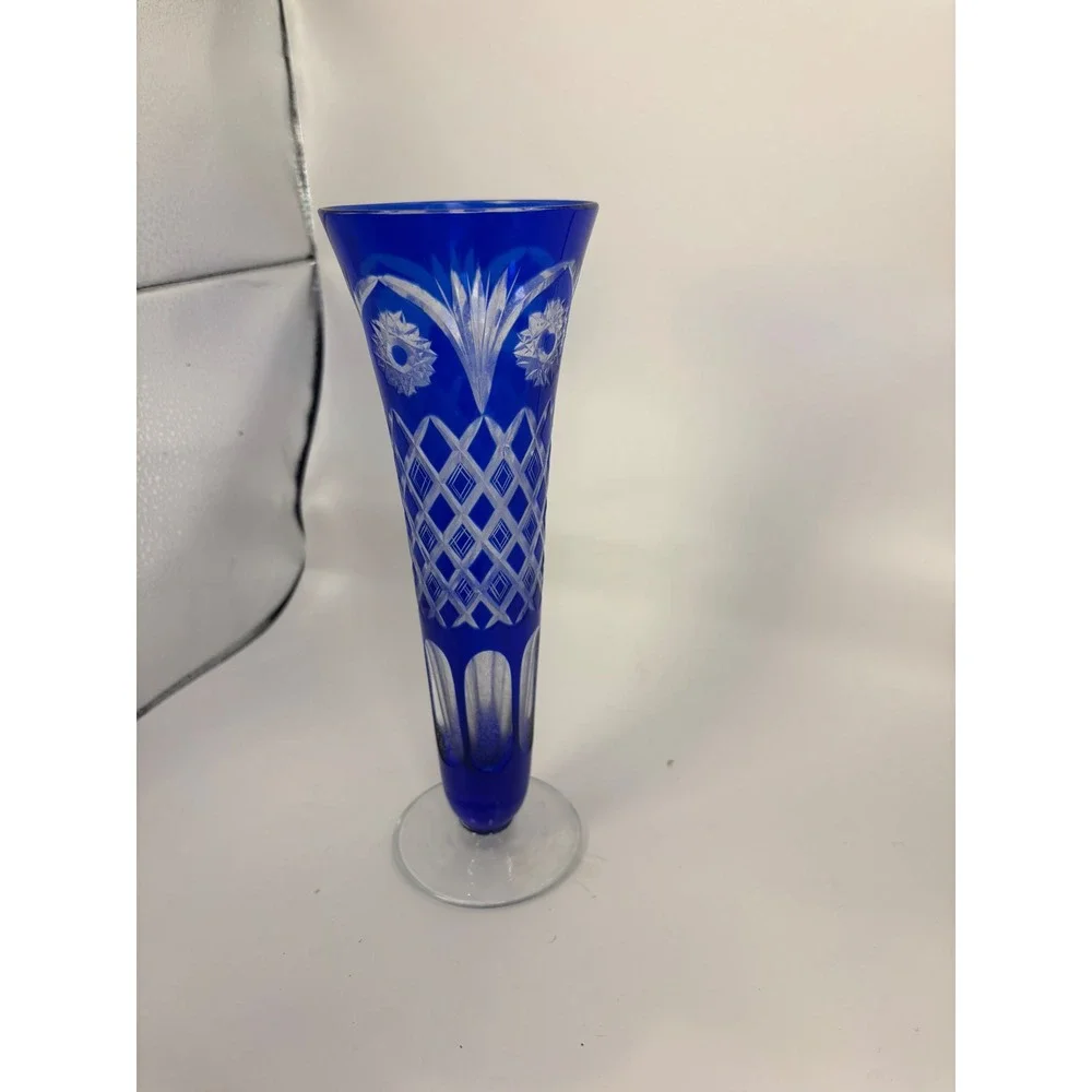 Edo Kiriko Japanese Cut Glass Flower Vessel Cobalt Blue Trumpet Vase‎ Japan